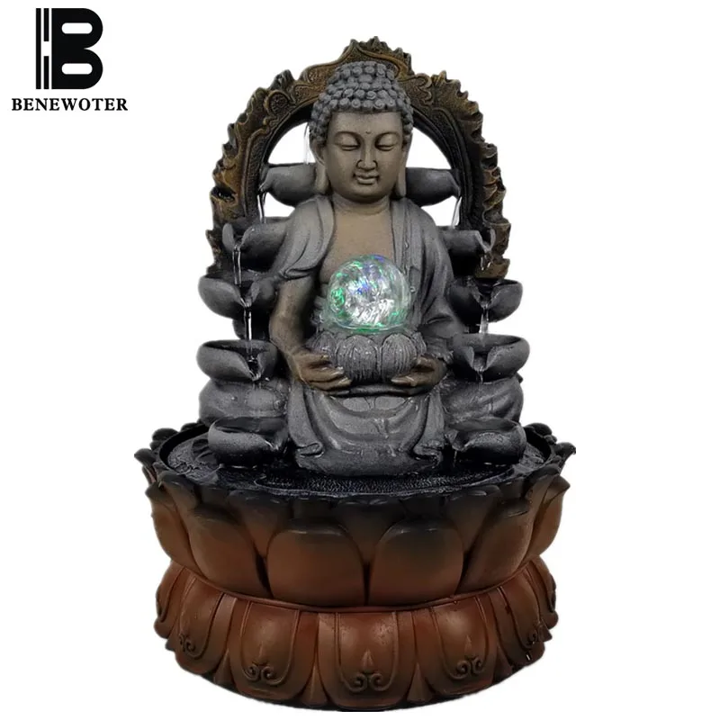 

110V-220V Auspicious Buddha Statue Monk Figurine Flowing Water Fountain Desktop Decoration Water Feature Feng Shui Lucky Gifts