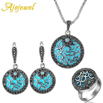 

Ajojewel Black Rhinestone Red / Blue Jewelry Sets Vintage Resin Round Women Jewelry Set With box