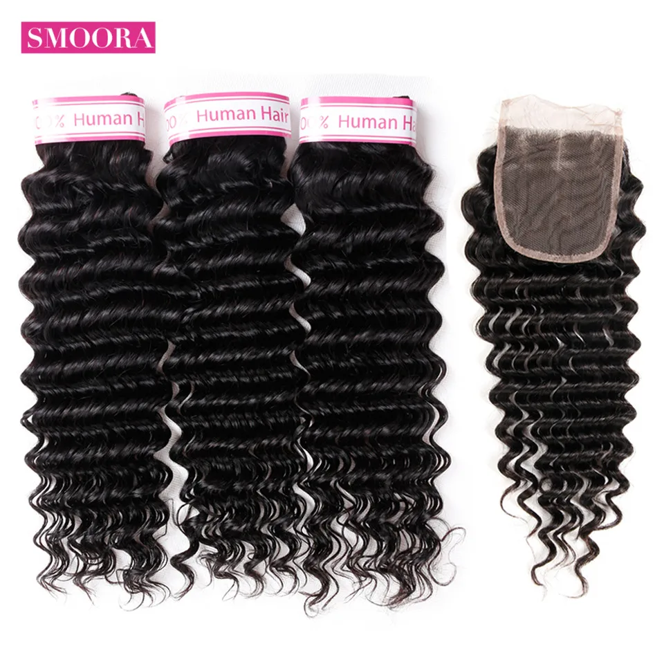 

Smoora Malaysian Hair Bundles with Closure Deep Wave 3 Bundles with Closure with Baby Hair Non Remy Human Hair Extensions 4Pcs