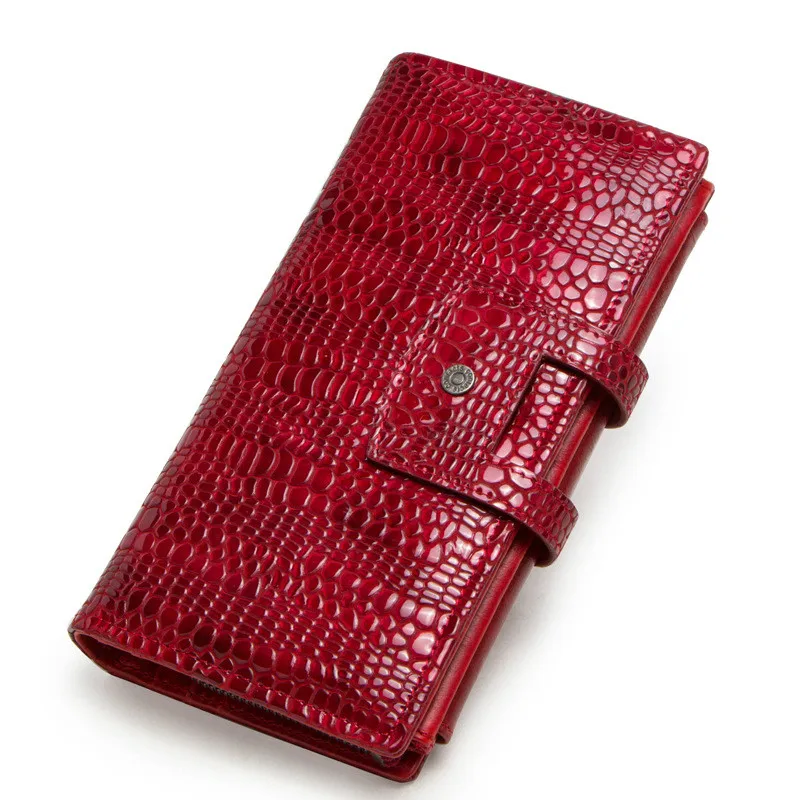 

Fashion Buckle Long Section Genuine Leather Ladies Wallet First Layer Cowhide Tri-fold Clutch Crocodile Lady Cow Leather Wallet