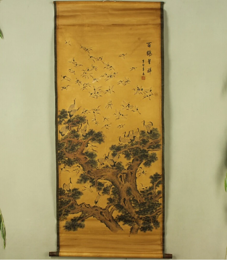 

Antique painting traditional Chinese One hundred crane and pine painting scroll painting,old paper painting