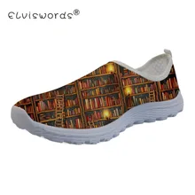 ELVISWORDS Mulheres Sapatos Casuais Padrão de Livro Da Biblioteca Deslizamento em Loafers Senhoras 2018 de Malha Respirável Caminhadas Shoes Zapatillas Mujer