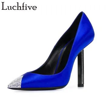 

Satin dress shoes women unique silk genuine leather crystal decor pointed toe 10 cm high heels pumps chaussures femme 2018