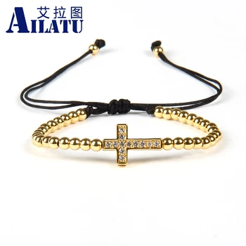 

Ailatu Brand Men's Charm Bracelets Micro Pave CZ Balls 4mm Stainless Steel Beads Popular Cross Braiding Bracelets Jewelry