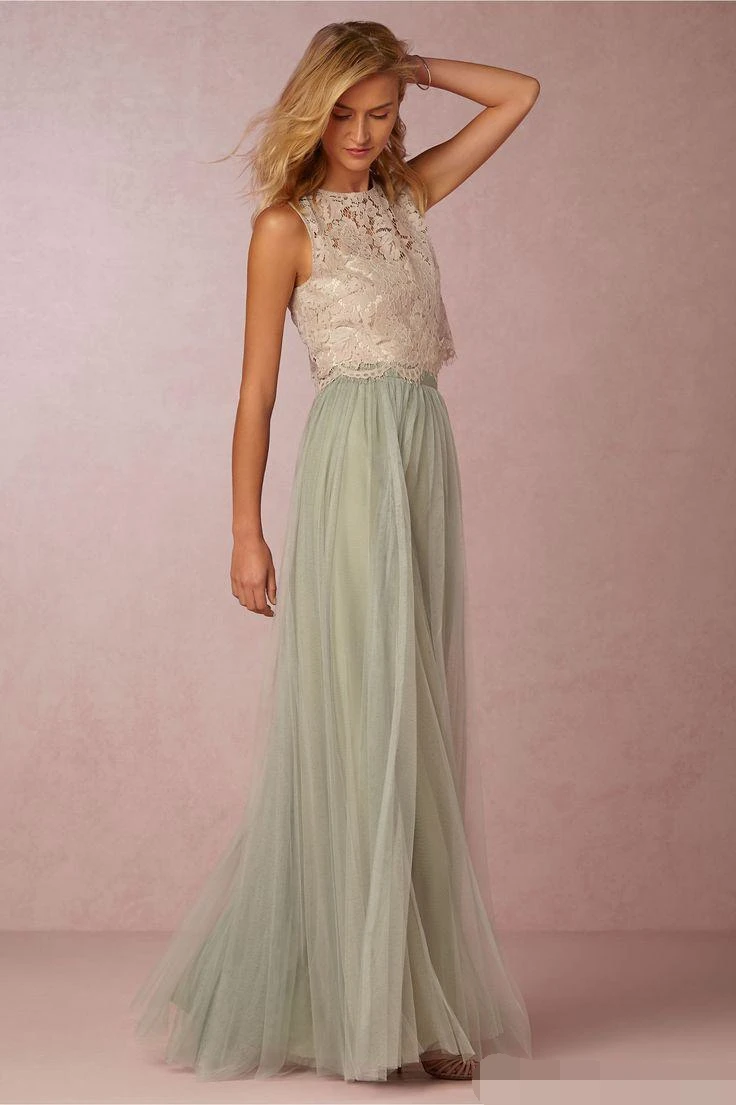 2019 винтажные платья для подружек невесты из двух частей, длина до пола, vestido madrinha, мятно-серый цвет, кружевное свадебное платье для подружек