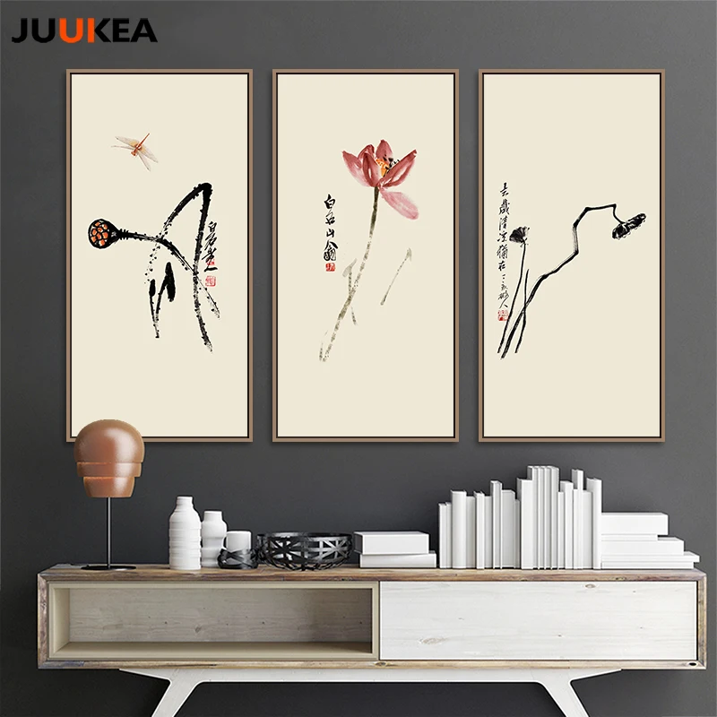 

Chinese Style Flower Lotus Water Lily Zen by Qibaishi Elegance Painting Poster Prints On Canvas Wall Pictures For Living Room