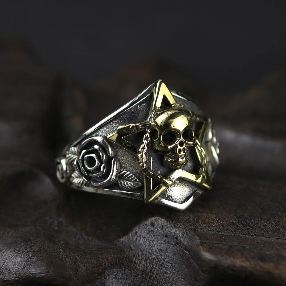 Real-Pure-925-Sterling-Silver-Viking-Ring-Skull-With-Pentagram-Gothic-Punk-Rock-Rose-Flower-Carving
