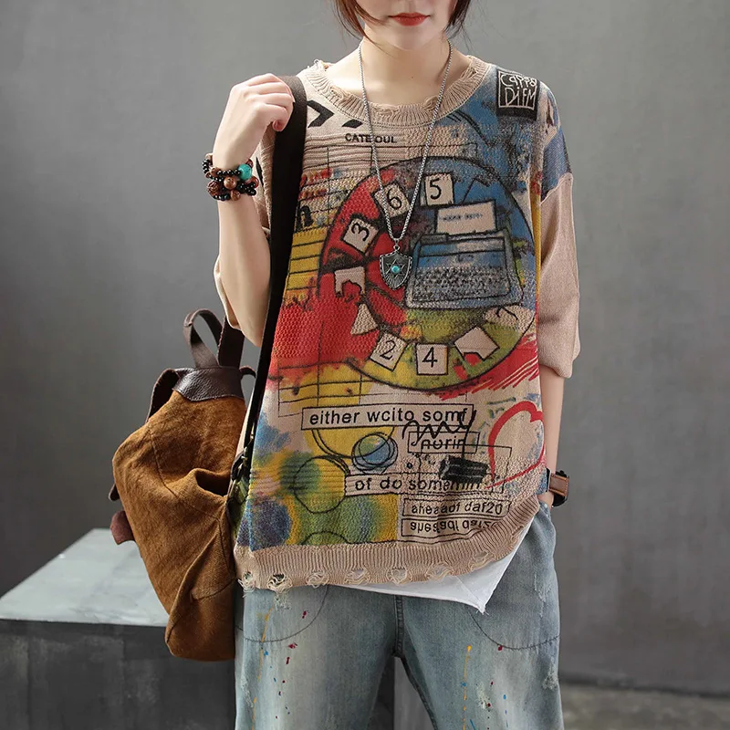 

new hole printing loose T-shirt women's knit literary long sleeve tee top mori girl 94020 lpp