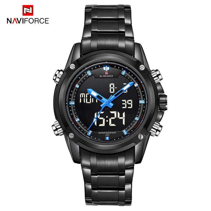 NAVIFORCE мужские военные водонепроницаемые спортивные часы из нержавеющей стали модные цифровые Кварцевые аналоговые наручные часы Relogio Masculino - Цвет: Black Blue