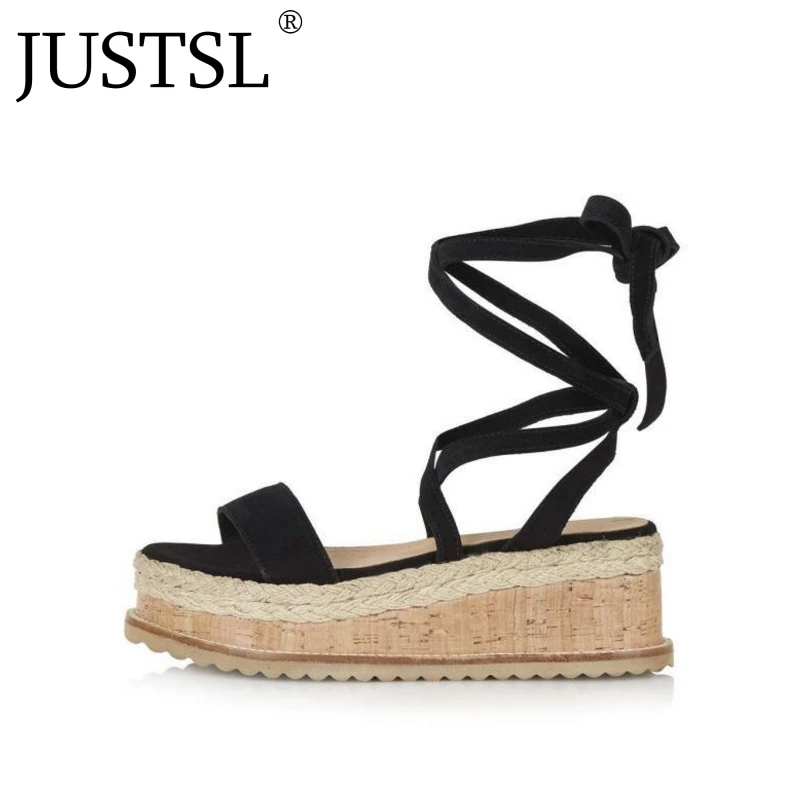 

JUSTSL 2018 summer women's Straw braided rope sandals feminina Roman sandals ladies cross straps open-toe shoes plus size