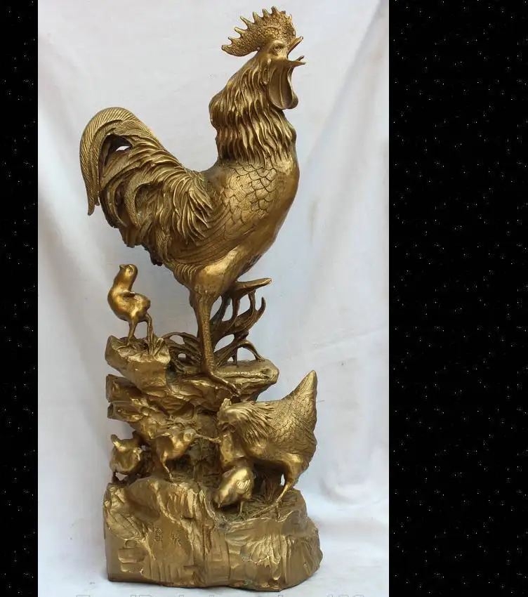 

671116573+++22" China Chinese Fengshui Brass Zodiac Year Rooster family Hen Biddy Statue