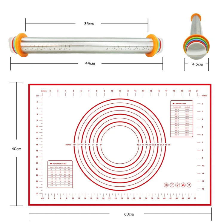 LMETJMA Скалка набор 17 дюймов Регулируемая Скалка с тестом прокатки мат антипригарное тесто ролик для пельменей пиццы KC0198