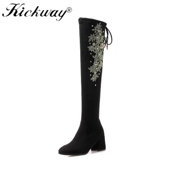 

Kickway Faux suede leather boots women botas mujer snow boots zipper embroidery Winter Over the knee boots size 34-43 botas femi