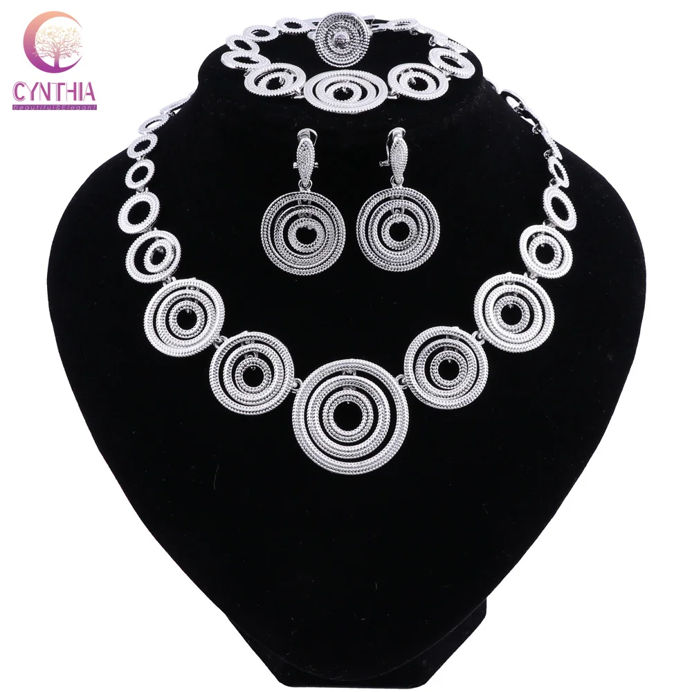

New Handmade Dubai Silver Plated Jewelry Sets Fashion Nigerian Wedding African Beads Jewelry Sets Costume Dubai For Women
