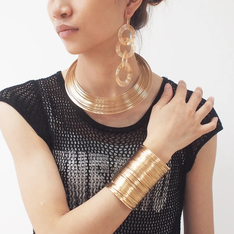 

UKMOC Women Punk Alloy Statement Jewelry Sets Multilayer Metal Wire Chokers Necklace Bangle Earring Sets Fashion Accessories