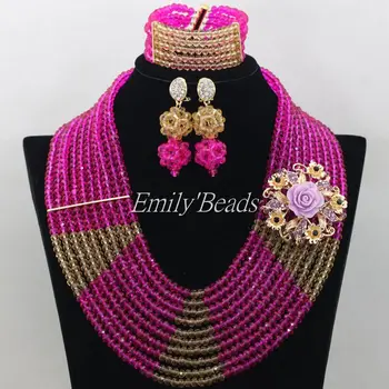 

New! Nigerian Wedding African Beads Jewelry Set Crystal Fuchsia Hot Pink Costume Bridal Necklace Bracelet Earrings AMJ650