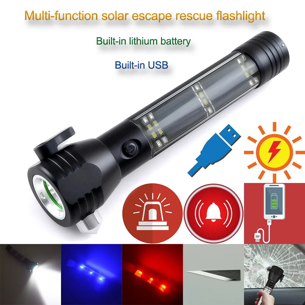 

Cree R5 3800LM Multifunctional Solar Waterproof Rechargeable Led Flashlight with Safety Hammer Power Bank and Alarm Function