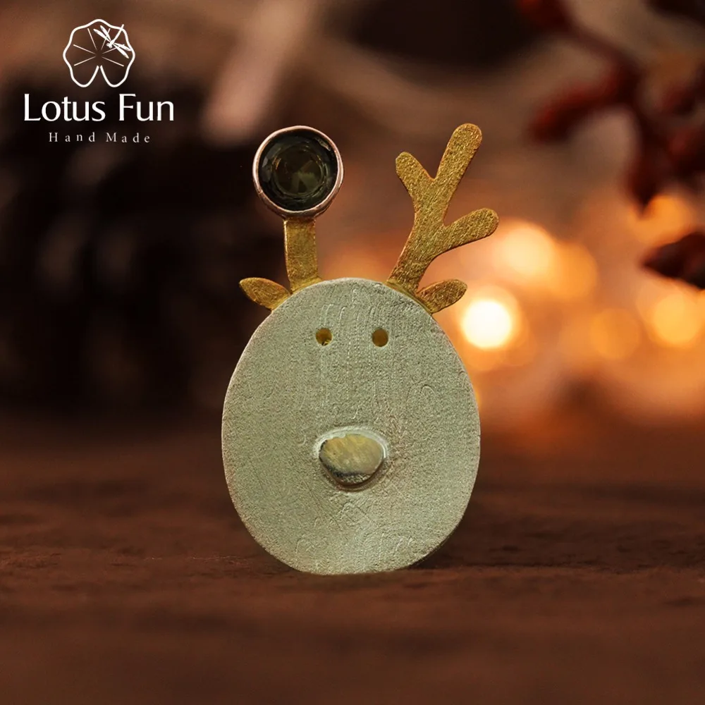 

Lotus Fun Real 925 Sterling Silver Natural Tourmaline Handmade Fine Jewelry Christmas Joys Cute Reindeer Brooches Best Gift