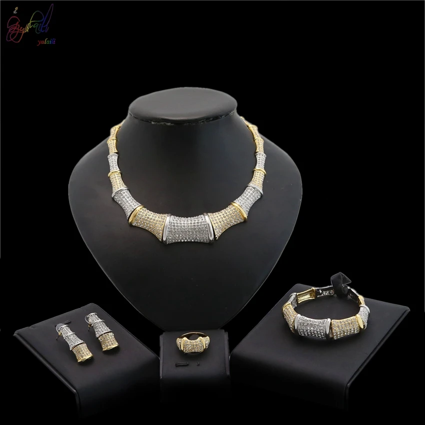 

YULAILI 2018 Women Bridal Wedding Jewelry Sets High Quality Pure Gold Color Necklace Earrings Bracelet Ring for Party
