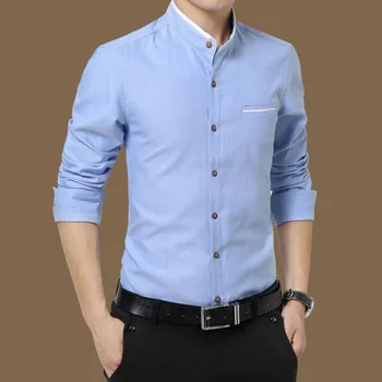

Men's Casual Shirt Long Sleeve Stand Collar Solid Cotton Shirts Grid Single-Breasted Lapel Slim Fit Men Business Dress Shirt