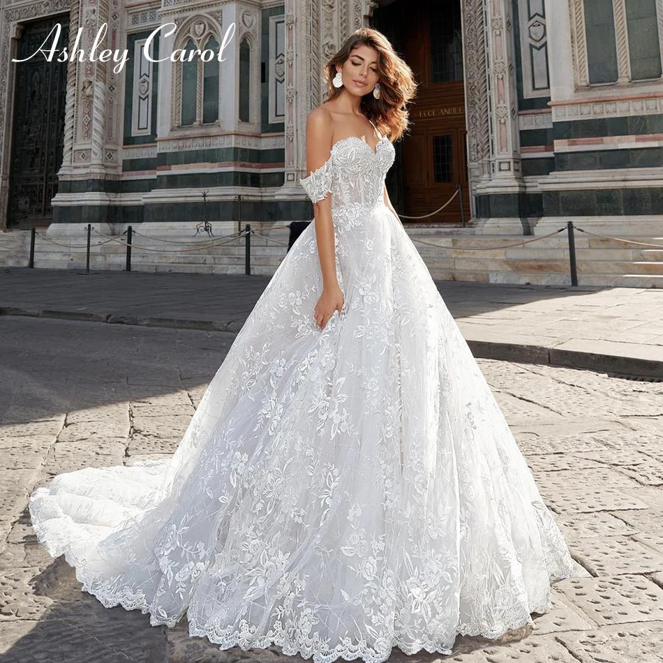 

Ashley Carol Sexy Sweetheart Cap Sleeve Backless Lace Wedding Dress 2019 Chapel Train Appliques Romantic Princess Wedding Gowns