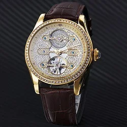 FORSINING Tourbillon Мужские часы Топ бренд класса люкс кристалл Iced Out дизайн кожаный ремешок Винтаж Королевский механические часы для мужчин - Цвет: BN GOLDEN