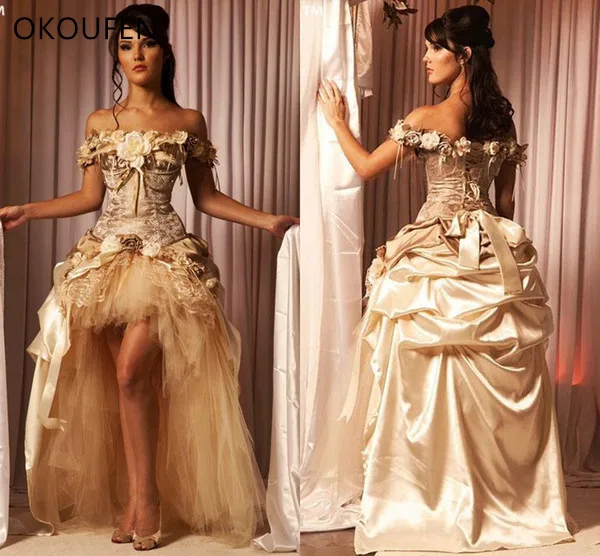 

OKOUFEN Champagne Quinceanera Dresses Princess Hi-Low Lace Victorian Masquerade Gothic Prom Special Occasion Dress 3D Flowers