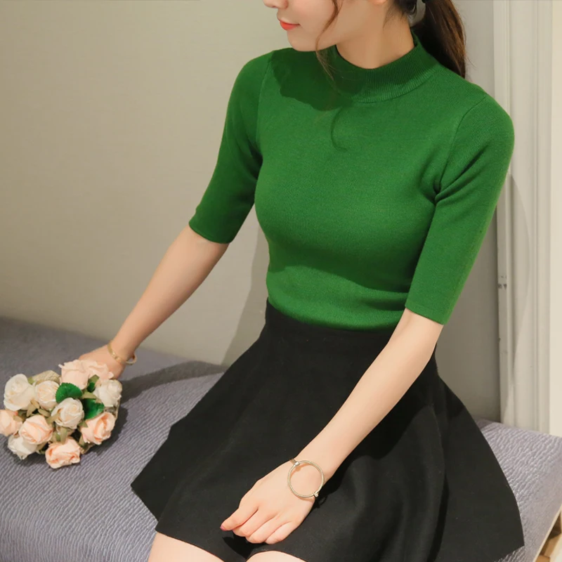 

Poncho Time-limited Three Quarter Women Sweater 2018 New Spring Korean Sleeve Shirt Collar Solid Elastic Sweater Five Girl
