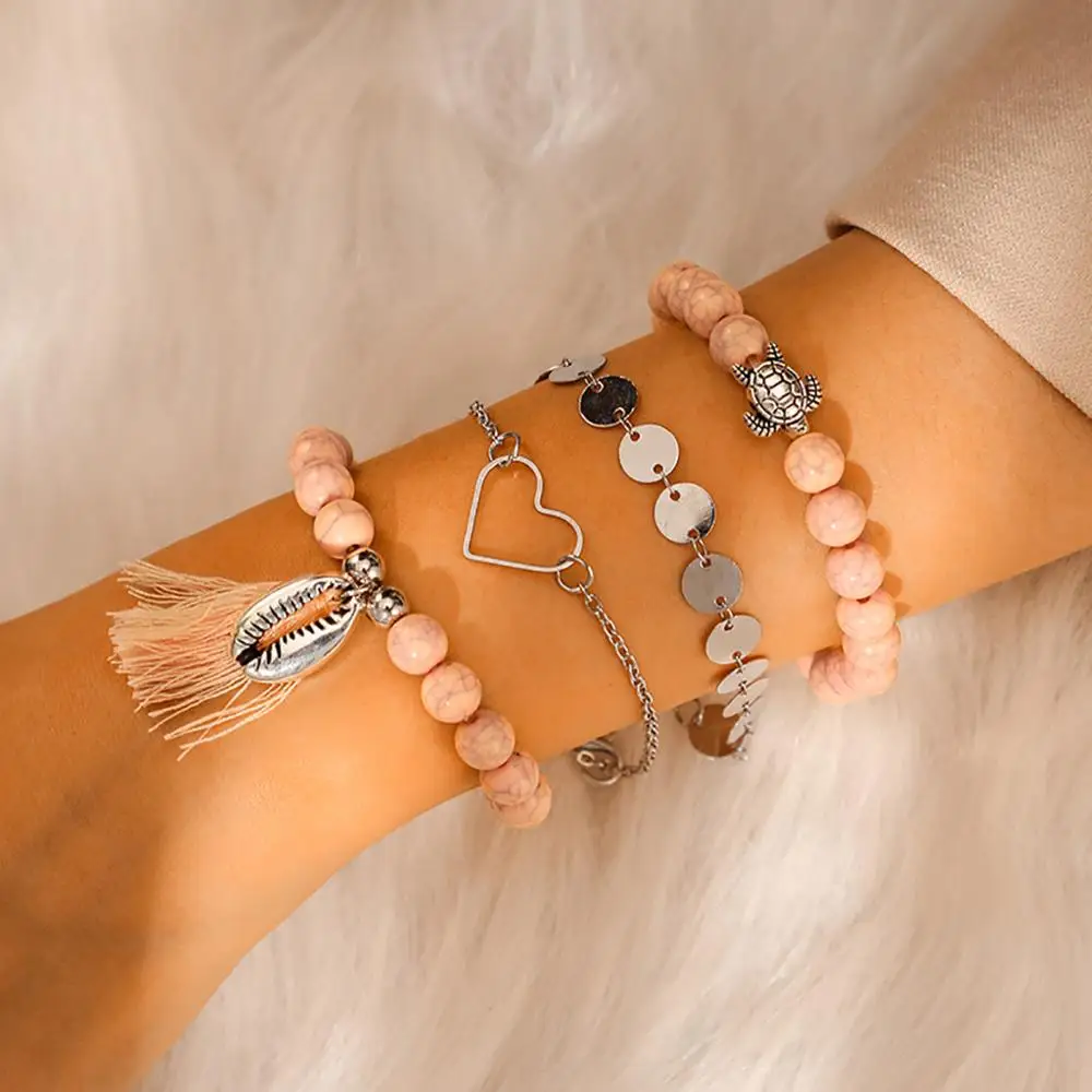 Модный этнический стиль, рисовый бисер черепаший панцирь, круглая часть, любовь, браслет, комплект из 4 предметов, ювелирные изделия для женщин, ювелирный подарок#4J17