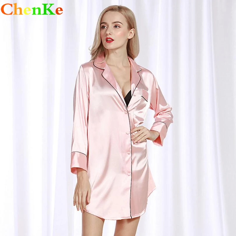 ChenKe Women Sleepwear Nightgowns Sexy Long Sleeve Lapel Nightdress