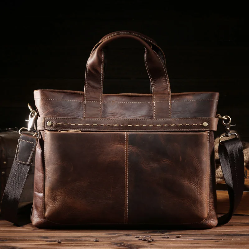 

Men Vintage Crazy Horse Leather Handbag Cow Leather 15.6 inch PC Tote Big Capacity Business Bag Casual Shoulder Bag For Man