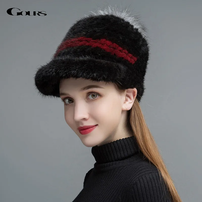 Gours Women's Fur Hats Black Real Mink Fur Cap Winter Warm Luxury