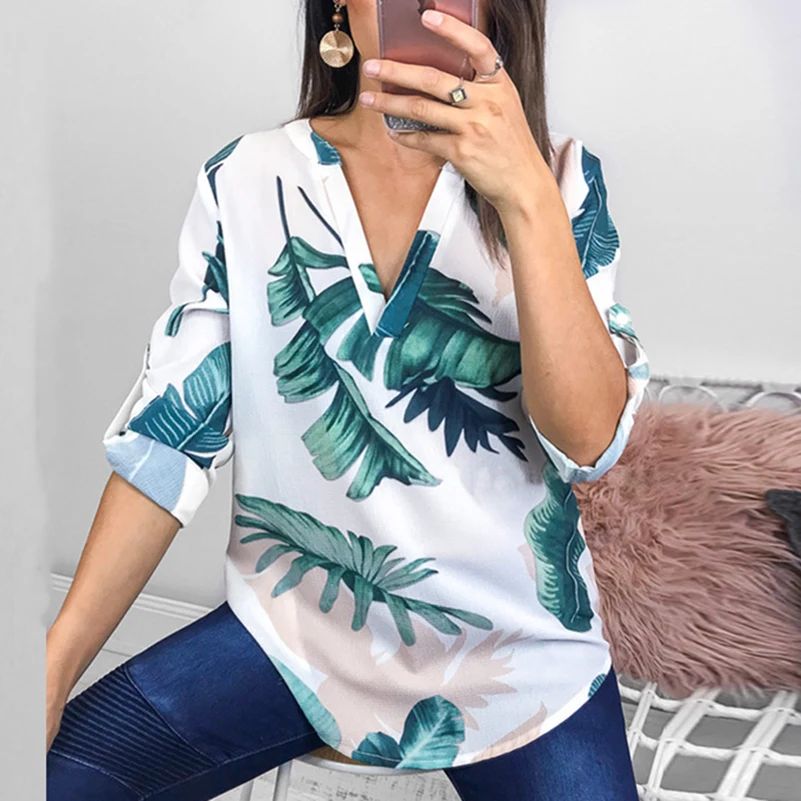 Women Print Floral Leaves Shirts Blouses Long Sleeve V