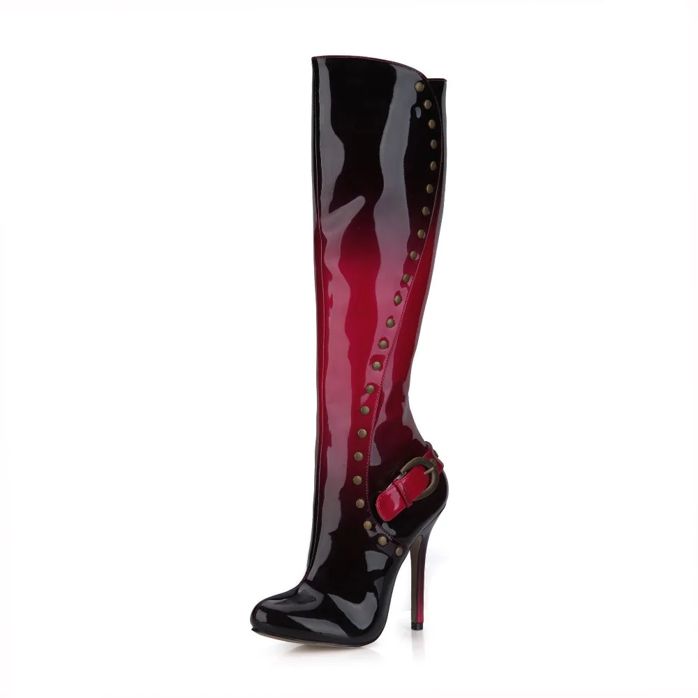 

Belt Buckle Rivets Knee High Boots Winter Plush Warm Patent Leather Woman Heels Shoes Sexy Stiletto High-heeled Big Size Boots