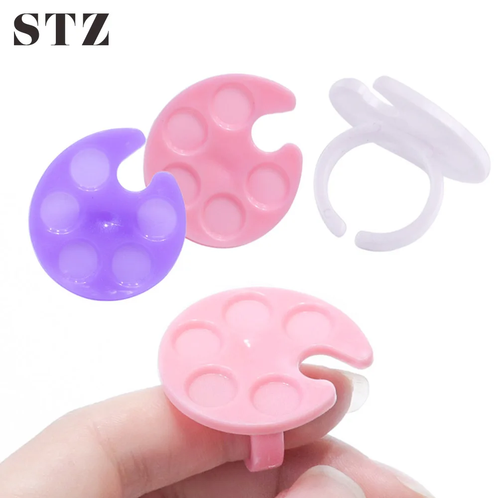 

STZ 1pcs Plastic Mini Drawing Paint Color Palette Finger Ring Designs for UV Gel Polish Dish Nail Art Accessories Plate #618