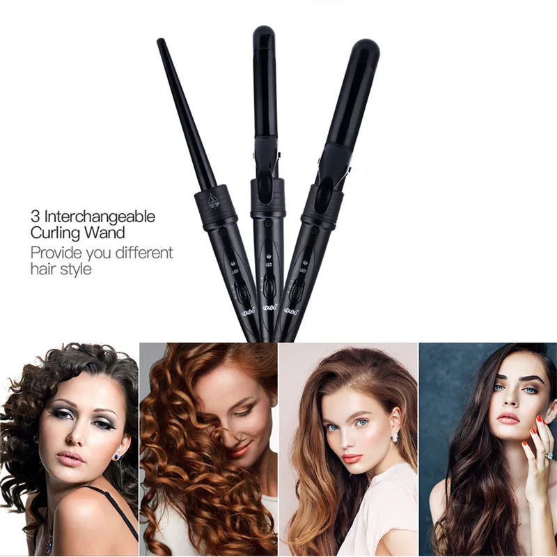 

Ceramic Magic Hair Curling Iron Electric Clipless Curling Wand LED Hair Curler Interchangeable 3 Parts 9MM/18MM/25MM/32MM Choose