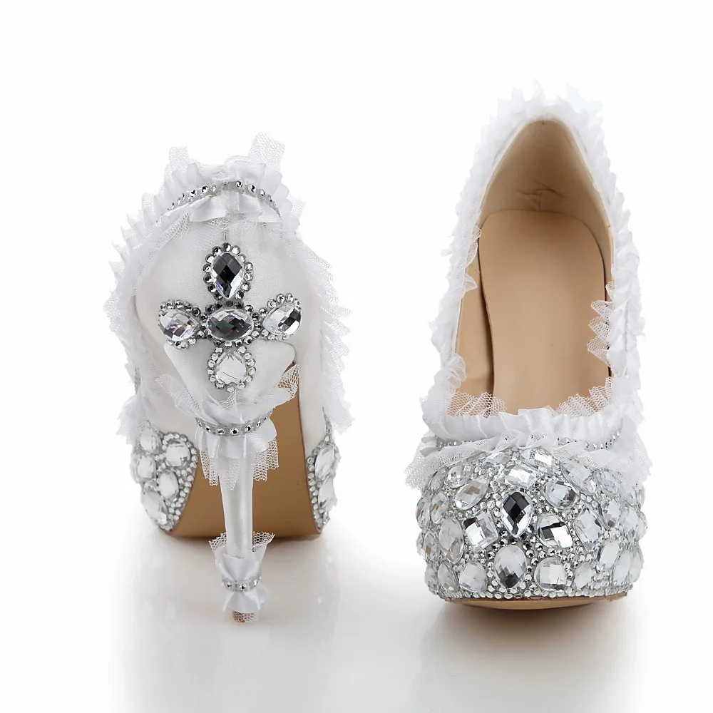 

New Designer Fashion wedding shoes white ruffles women pumps crystal platform high heels pumps Elegant party shoes big size