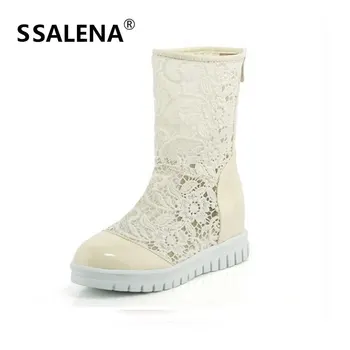 

Women Flat Platform Mid Calf Boots Women Fashion Lace Hollow Out Casual Boots Ladies Round Toe Zipper Mesh Shoes AA40215