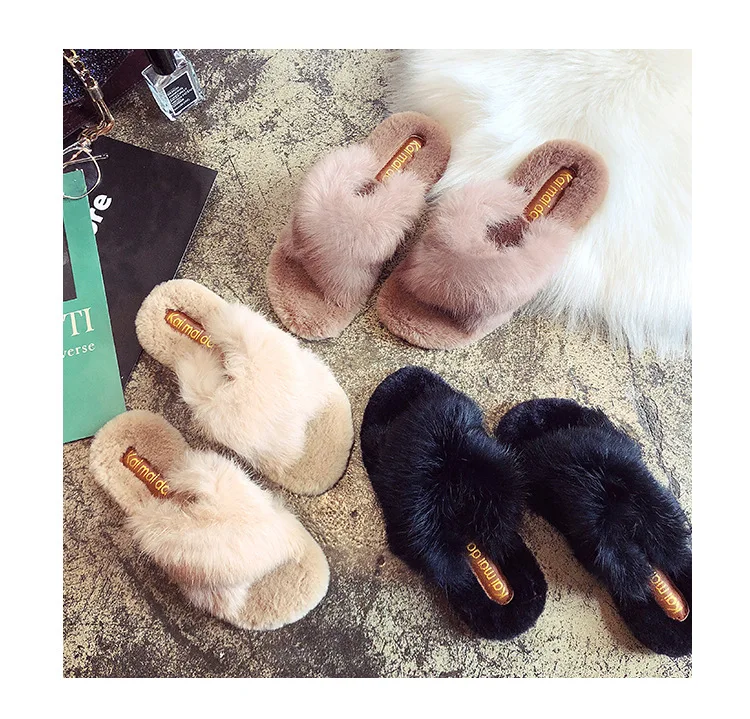 Women Fur Slides Winter Fluffy Furry Slippers Warm House Shoes Slippers Mules Lady Flat Shoes Home Indoor Shoes Zapatos De Mujer