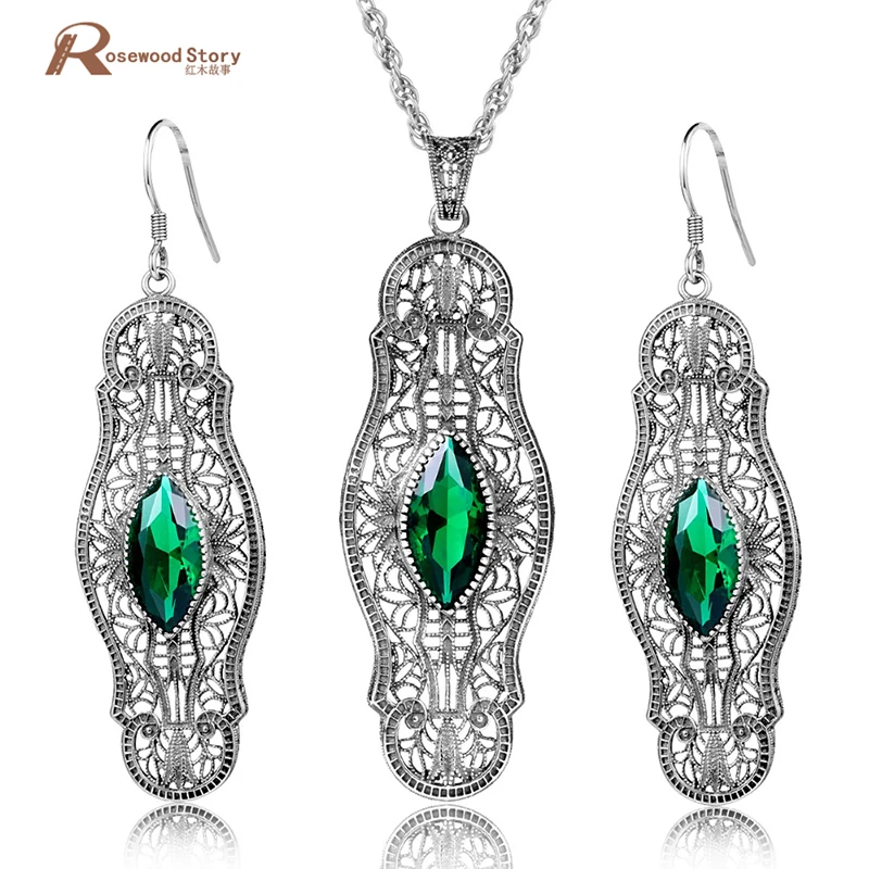 

Turkish Jewelry Green CZ Stone Marquise Women 925 Sterling Silver Jewelry Sets Vintage Wedding Earring/Pendant Free Gifts Box