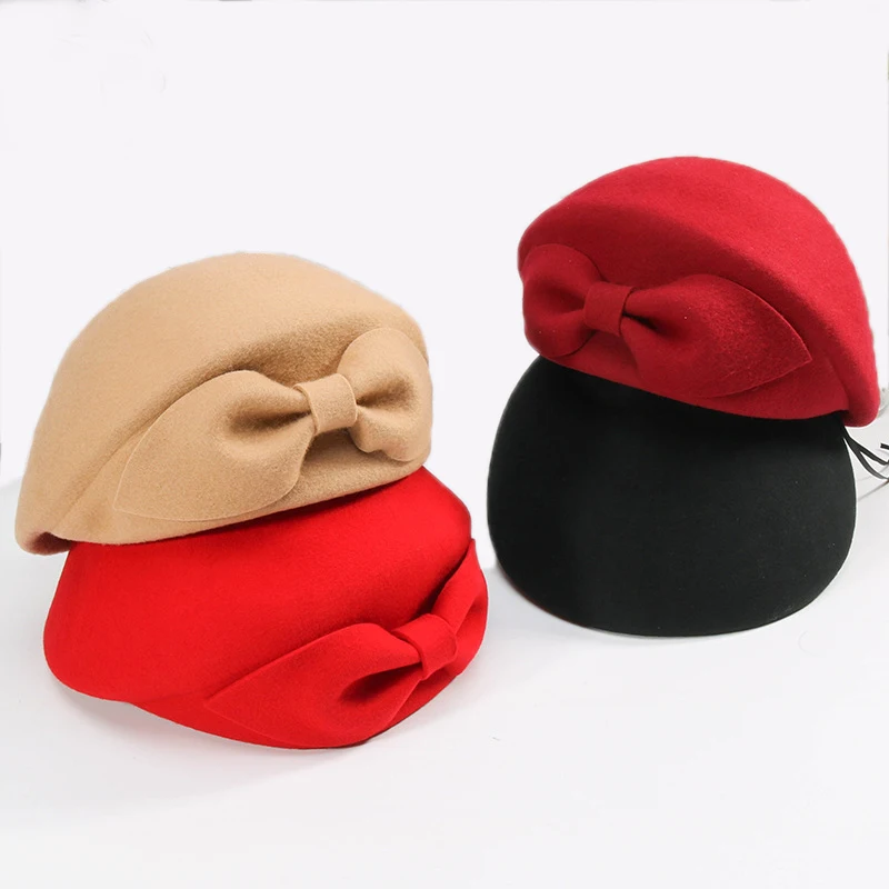 2019 Ladies Red Wedding Hat For Women Vintage Wool Felt Pillbox Hats Black Fascinator Winter Fedoras Bow Beret Church Hats 1