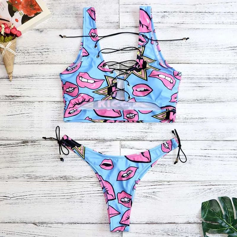 

Swimwear Women bikini set two pieces Swimsuit Bather 2019 African Sexy Thong Bikini Lace Up Biquini Bathing Suit female 2792