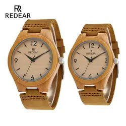 Оптовая продажа REDEAR пары цифровые часы классические часы бамбука Для женщин натуральная кожа кварцевые наручные часы в подарочной коробке