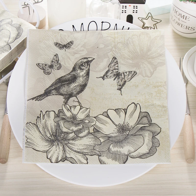 

20 vintage napkins paper tissue printed yellow black flower bird butterfly decoupage wedding party Christmas decor serviettes