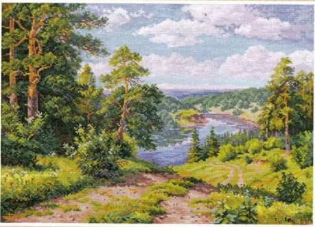 CS-1870 Cross Stitch Kit Landscape Forest Pine Tree Trees River Mountain alisa