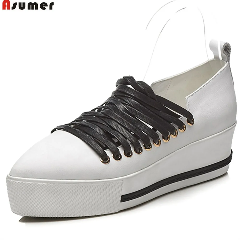 

ASUMER black white pointed toe cross tied spring autumn single shoes flat platform casual women genuine leather flats shoes