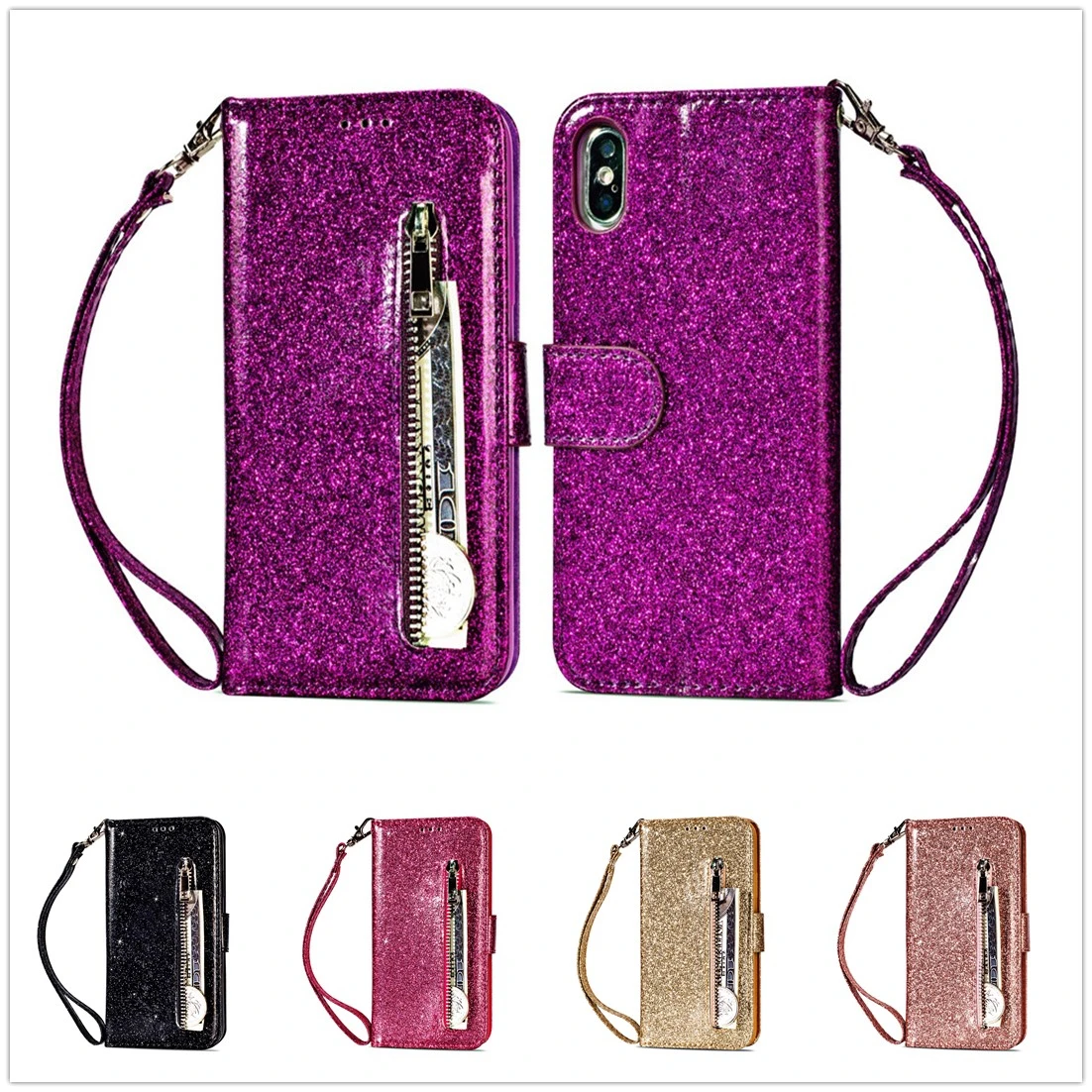 

8 Plus Cell Phone Case Wallet Cover For iPhone MAX XR X Bling Fundas 7 6 6s Plus Case Card Slot PU Handbag Purse With Long Chain