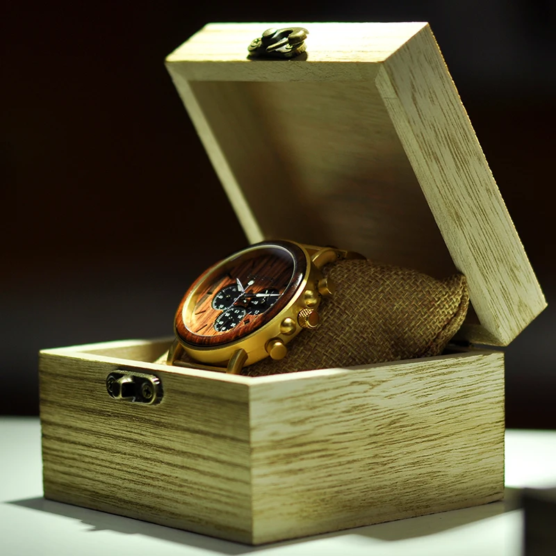 BOBO BIRD Gold Watch Men Luxury Brand Wooden Wristwatches Date Display Stop Watches reloj golden hour