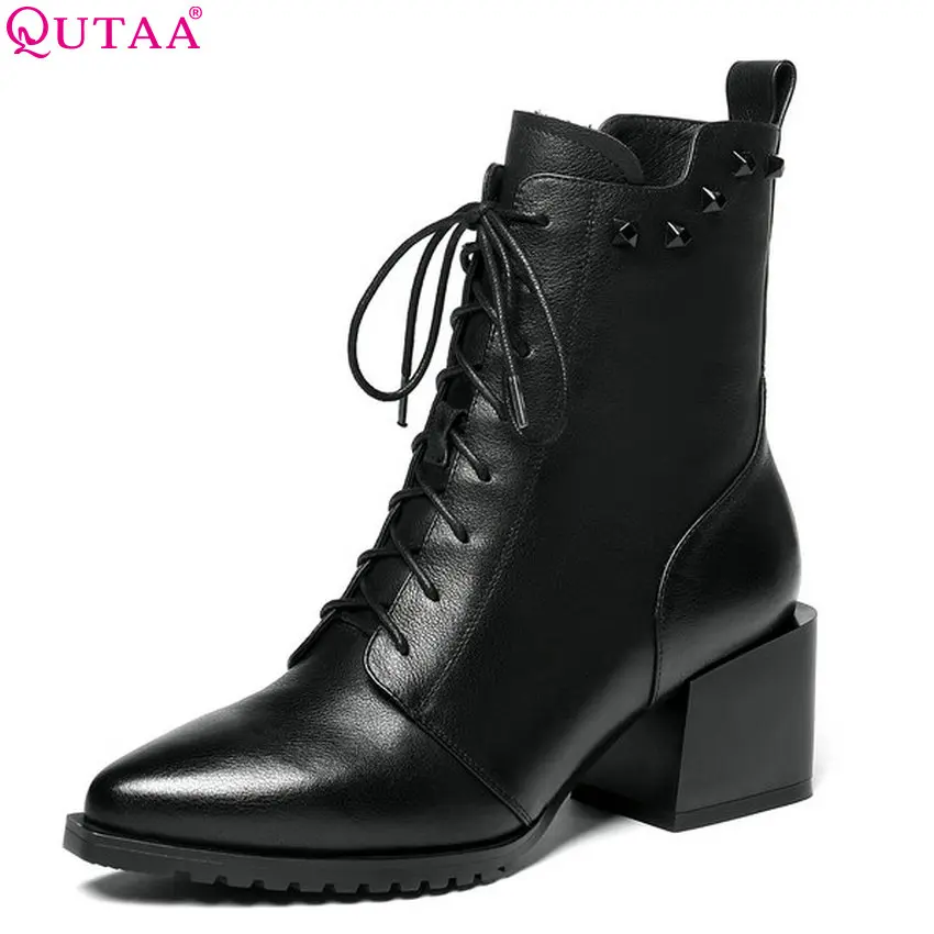 

QUTAA 2019 Women Ankle Boots Platform Zipper Elegant All Match Platform Casual All Match Square Heel Women Boots Big Size 34-42