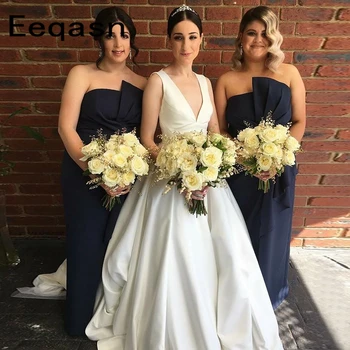 

robe de mariee 2020 Simple Satin Wedding Dress V Neck Back Open A-Line White Bridal Gown with Buttons Custom Size Cheap